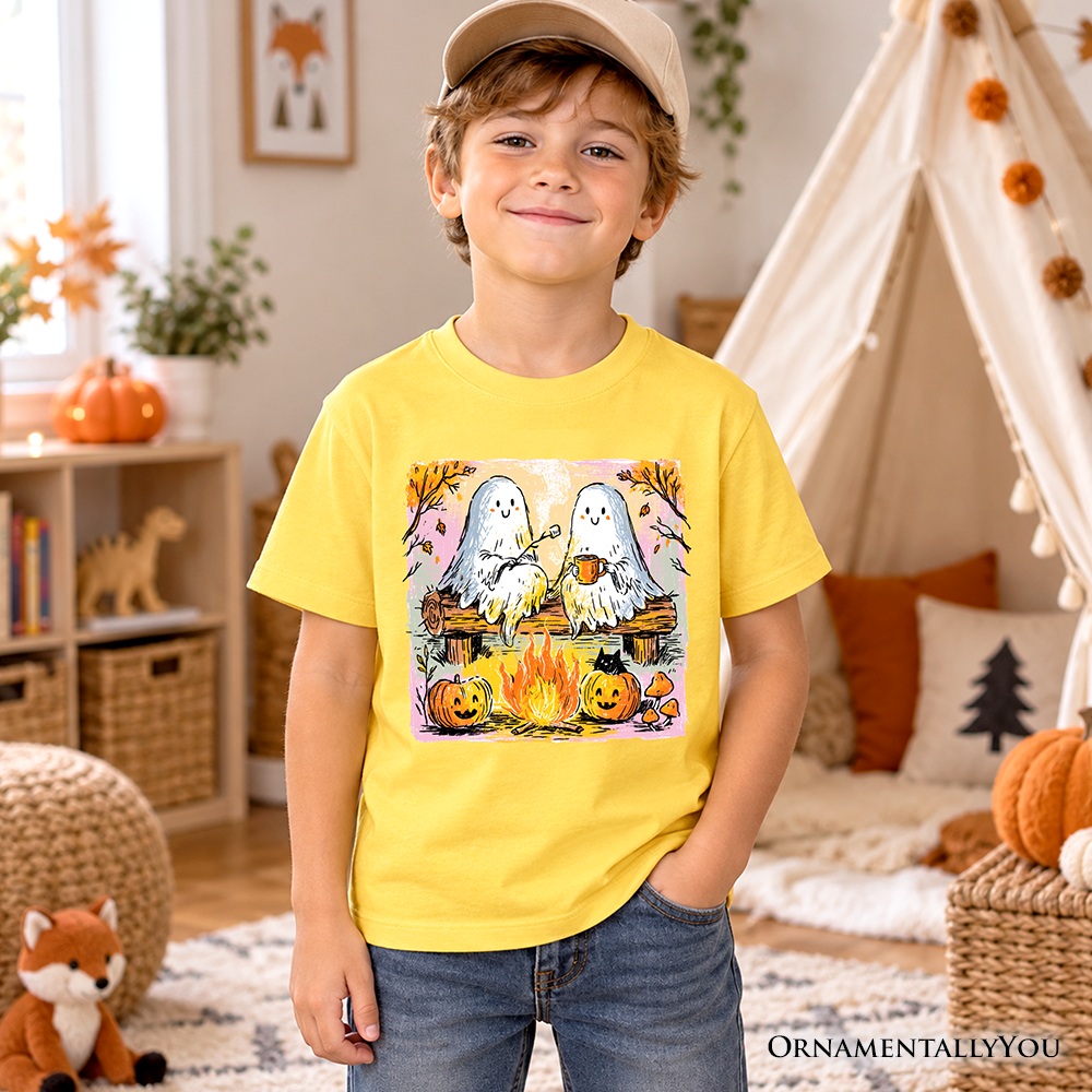 Kids Cozy Campfire Ghosts T-Shirt, Fall Halloween Pumpkin Youth Tee