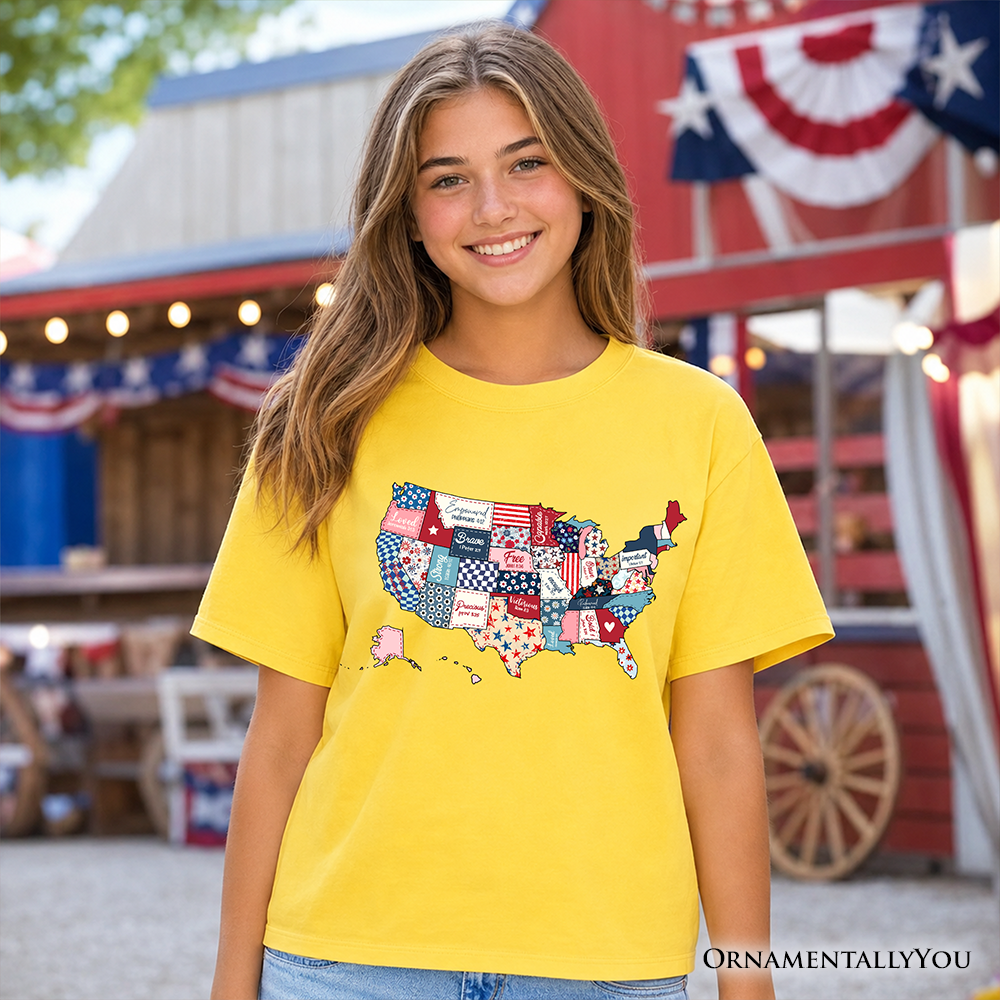 Kids Patriotic USA Map Patchwork T-Shirt Quilted Design Youth Tee