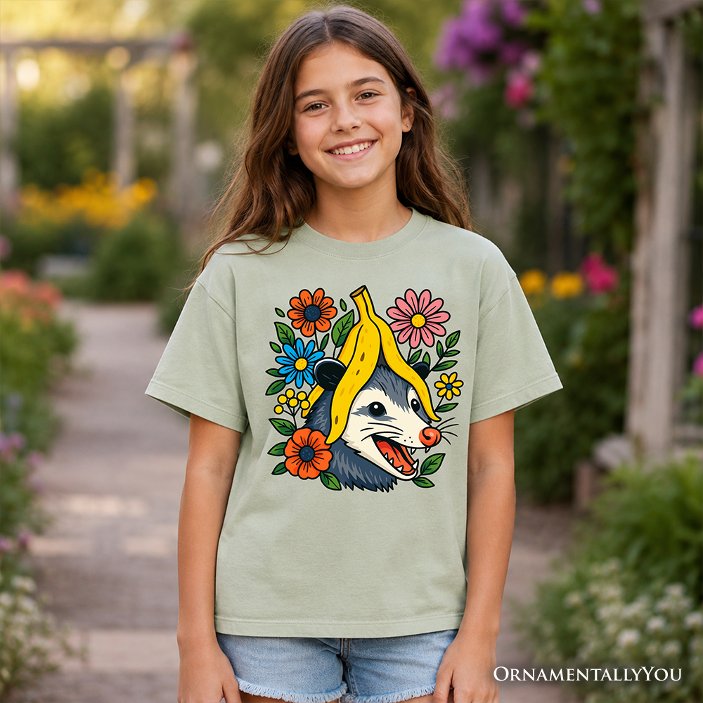 Banana Possum Floral Graphic T-Shirt for Kids - Whimsical Animal Tee