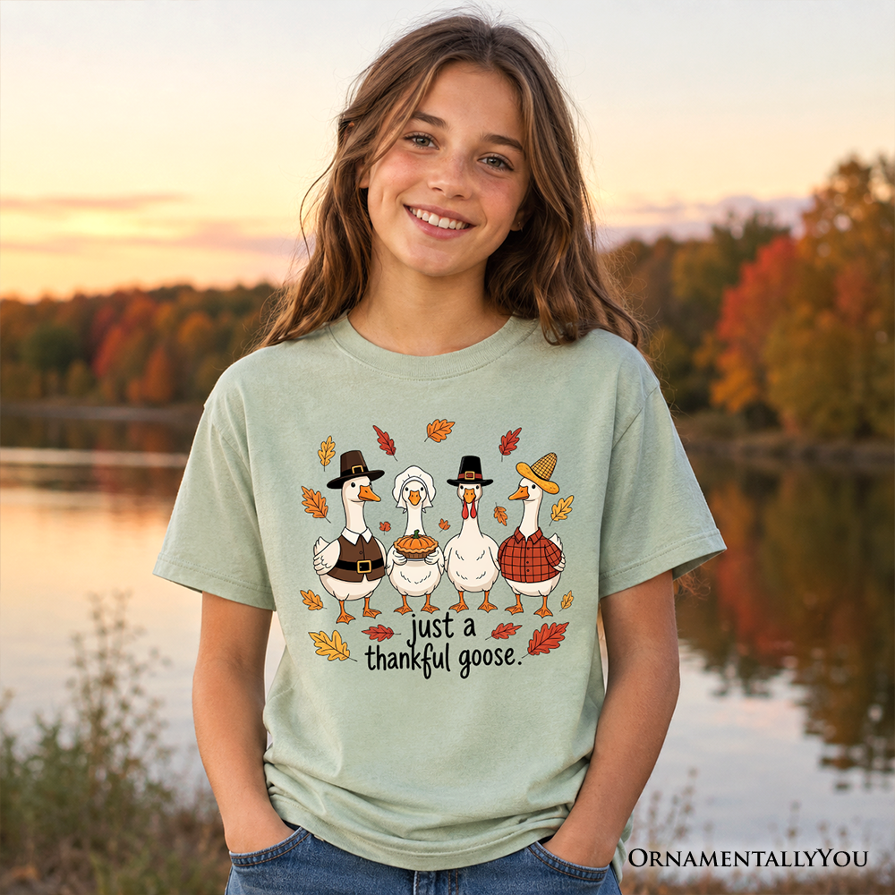 Kids Just a Thankful Goose T-Shirt, Funny Thanksgiving Family Turkey Day Youth Tee