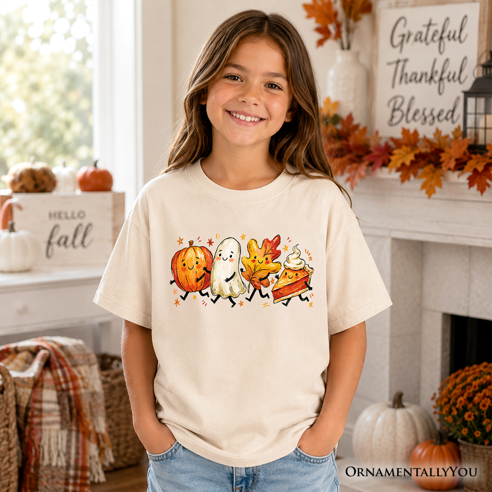 Kids Cute Fall Characters T-Shirt, Pumpkin Ghost Leaf Pie Autumn Youth Tee