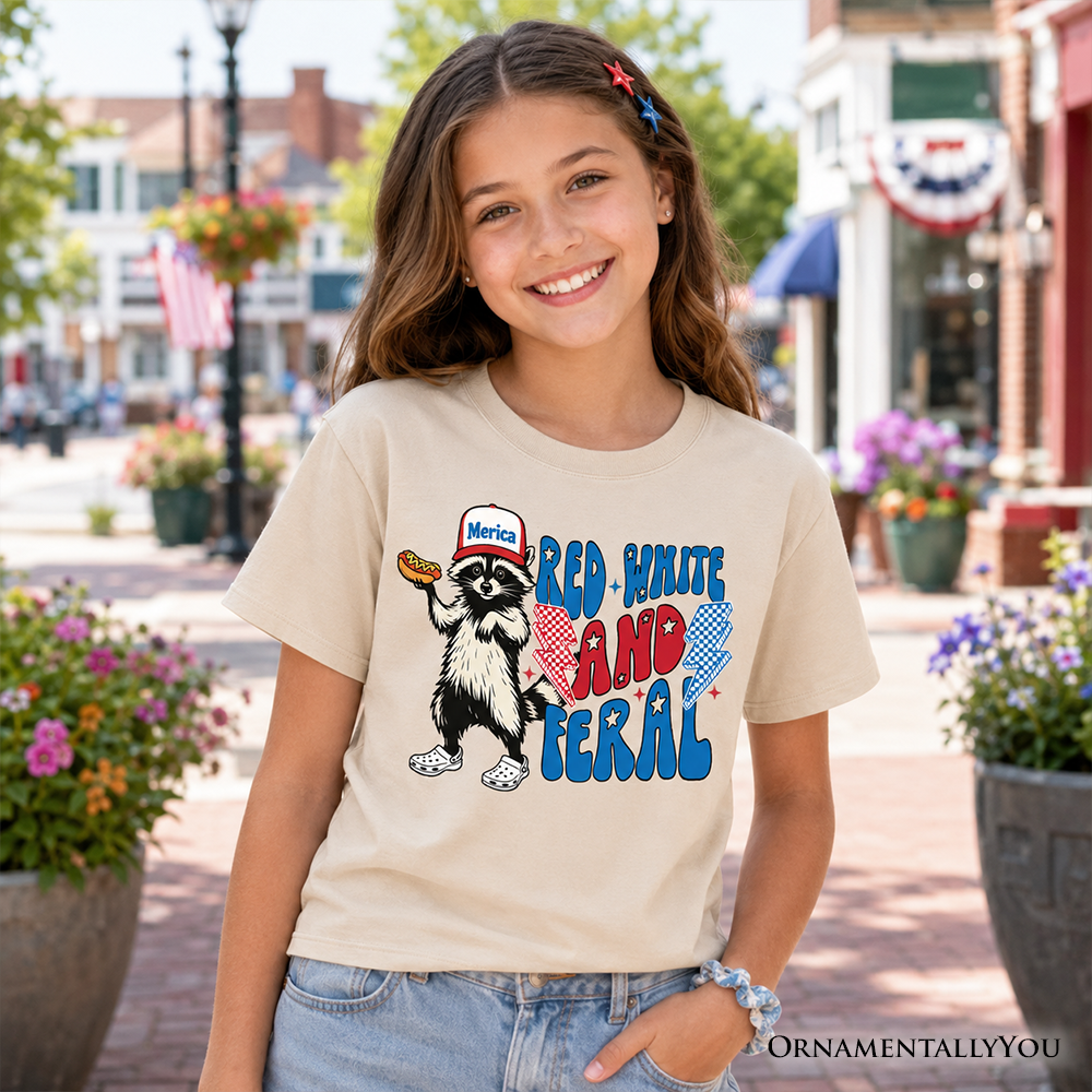 Kids Red, White & Feral Raccoon Graphic Tee Patriotic Youth Shirt