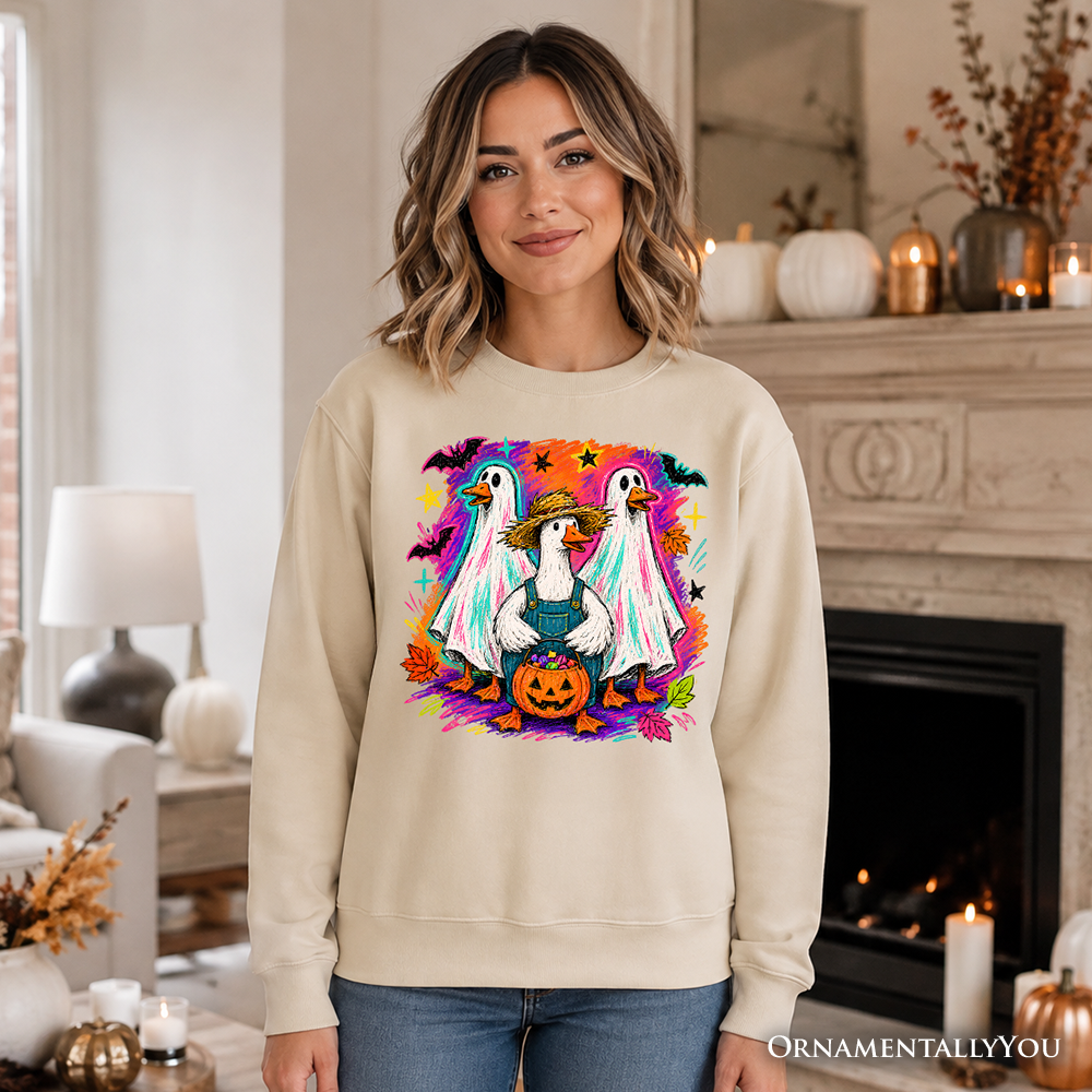Trick or Treat Geese Sweatshirt, Colorful Halloween Ghost Costume Sweater
