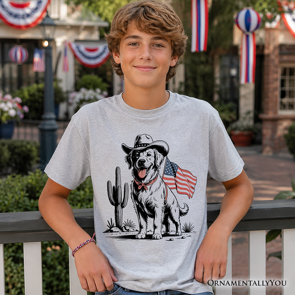 Kids American Cowboy Dog T-Shirt, Western Youth 4th of July Tee