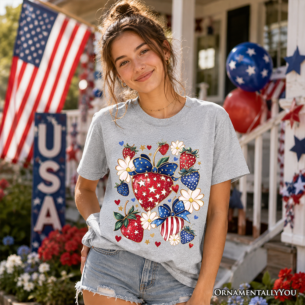 Kids Patriotic Boho Strawberries Bouquet T-Shirt 4th of July Tee