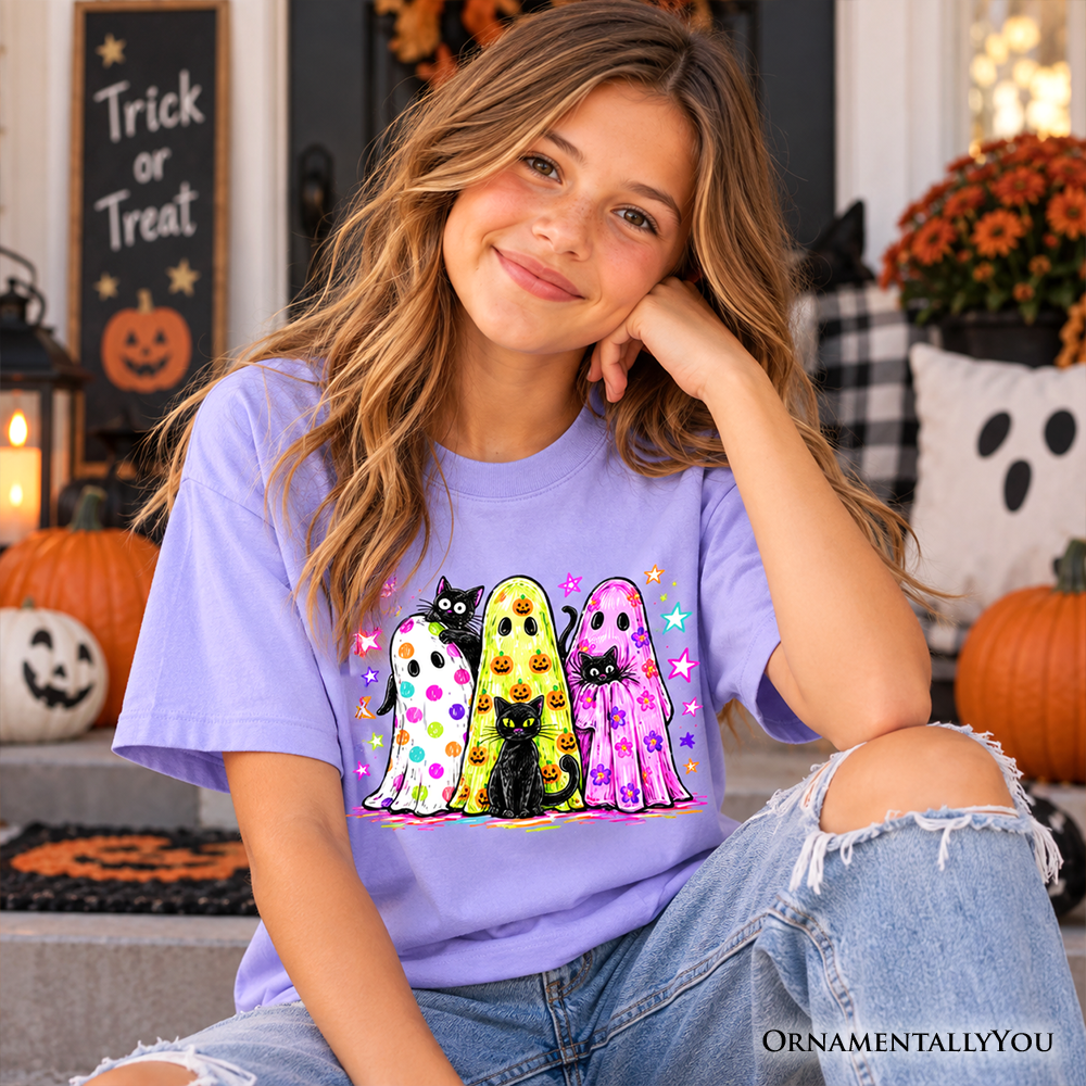 Kids Colorful Ghosts and Black Cats T-Shirt, Neon Halloween Spooky Season Youth Tee
