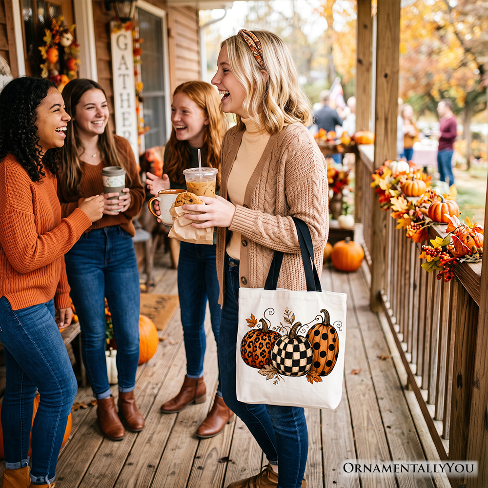 Leopard Checkered Pumpkin Tote Bag, Autumn Fall Gift Shopper