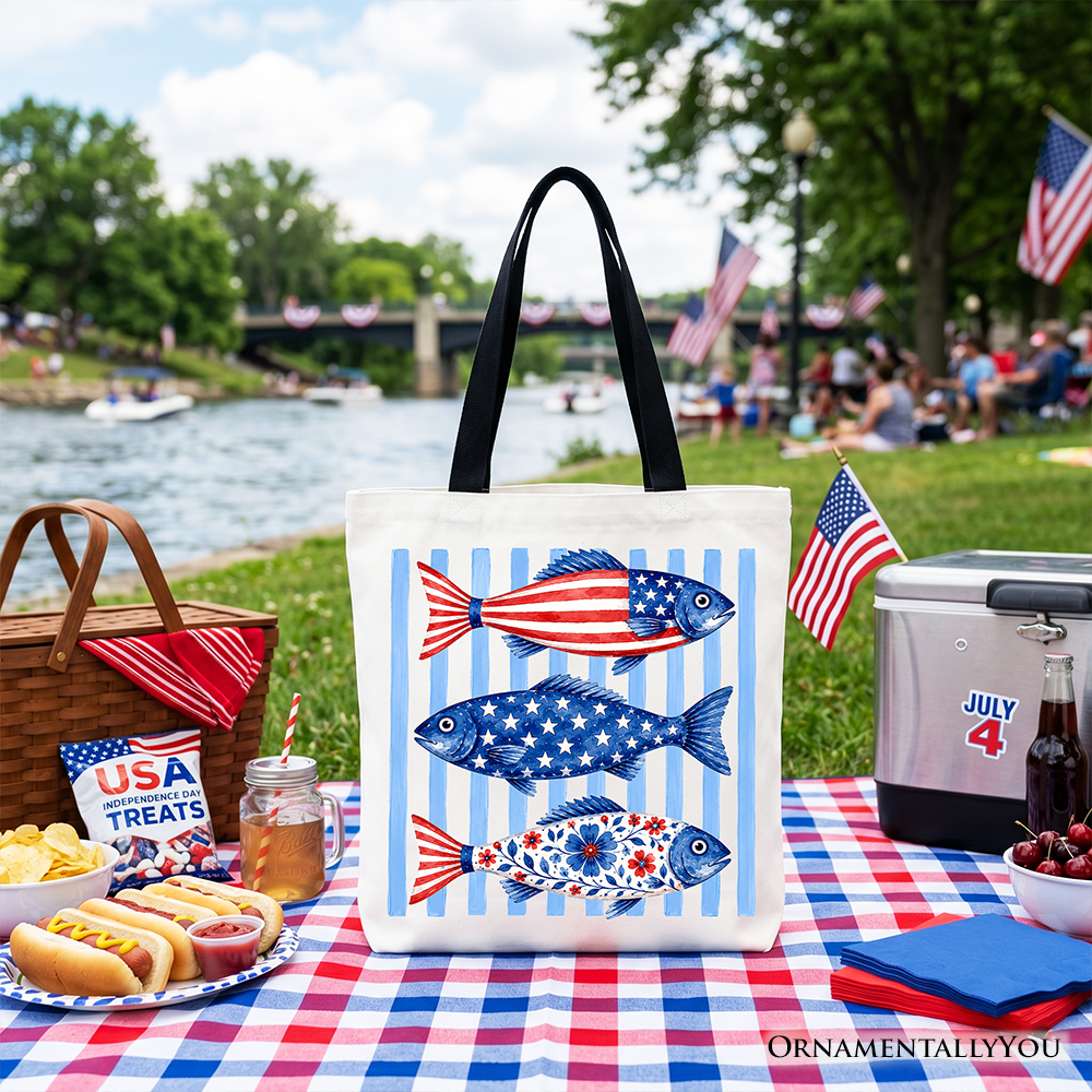 Patriotic Fish Striped Tote Bag - 4th of July Beach Shopper