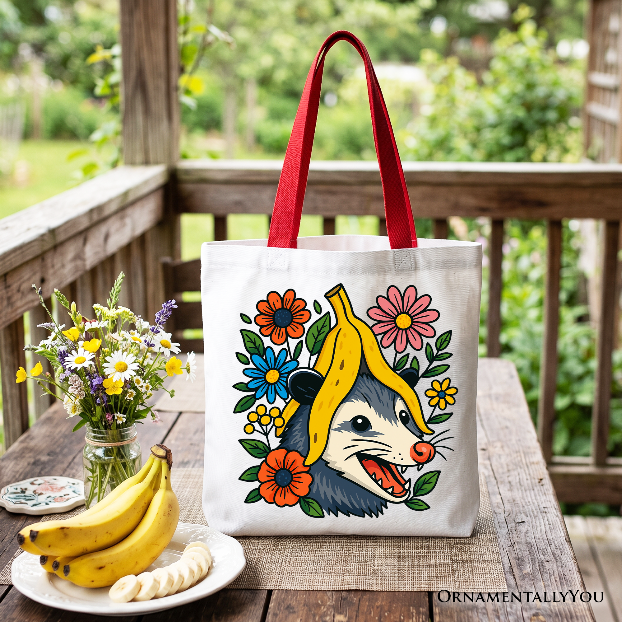 Banana Possum Floral Tote Bag – Quirky Graphic Animal Shopper