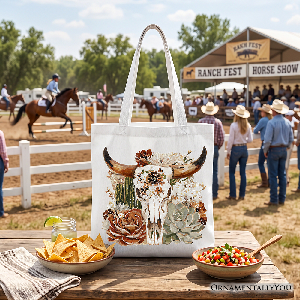Boho Floral Cow Skull Tote Bag, Western Autumn Cowgirl Gift Shopper