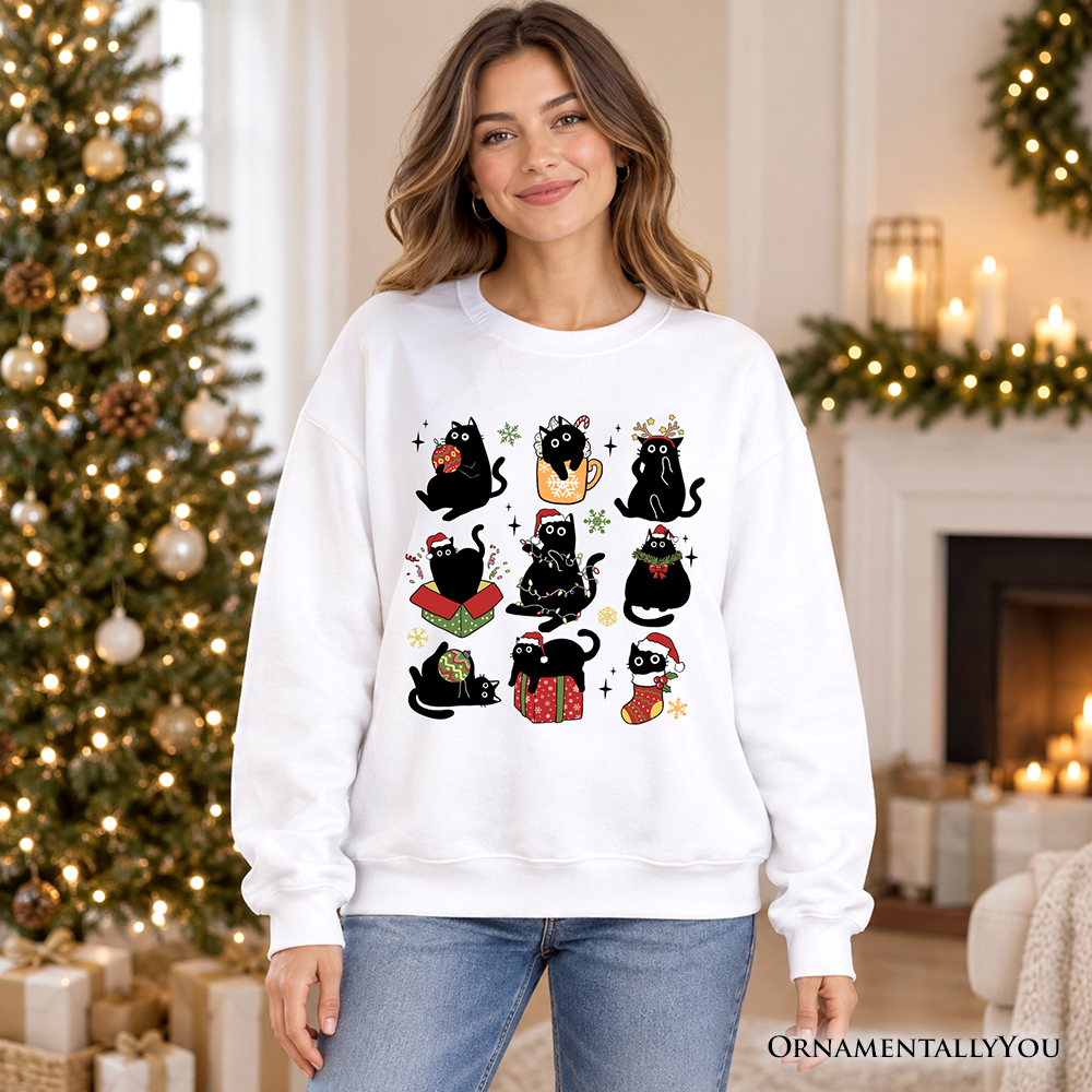 Christmas Black Cats Sweatshirt, Whimsical Cats with Santa Hat Sweater