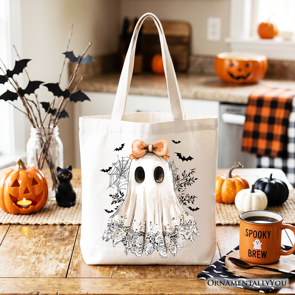 Coquette Ghost Tote Bag, Cute Girly Halloween Canvas Shopper