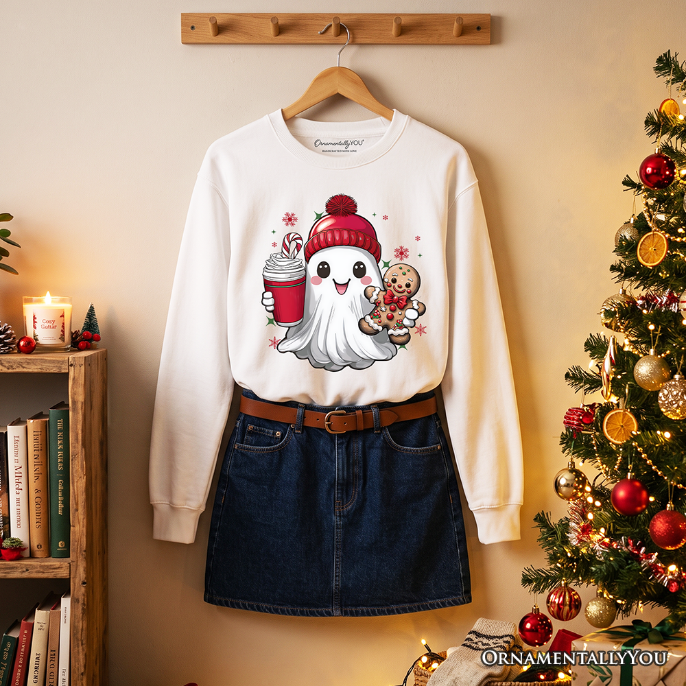Cute Ghost Christmas Sweatshirt, Adorable Gingerbread and Cocoa Holiday Sweater