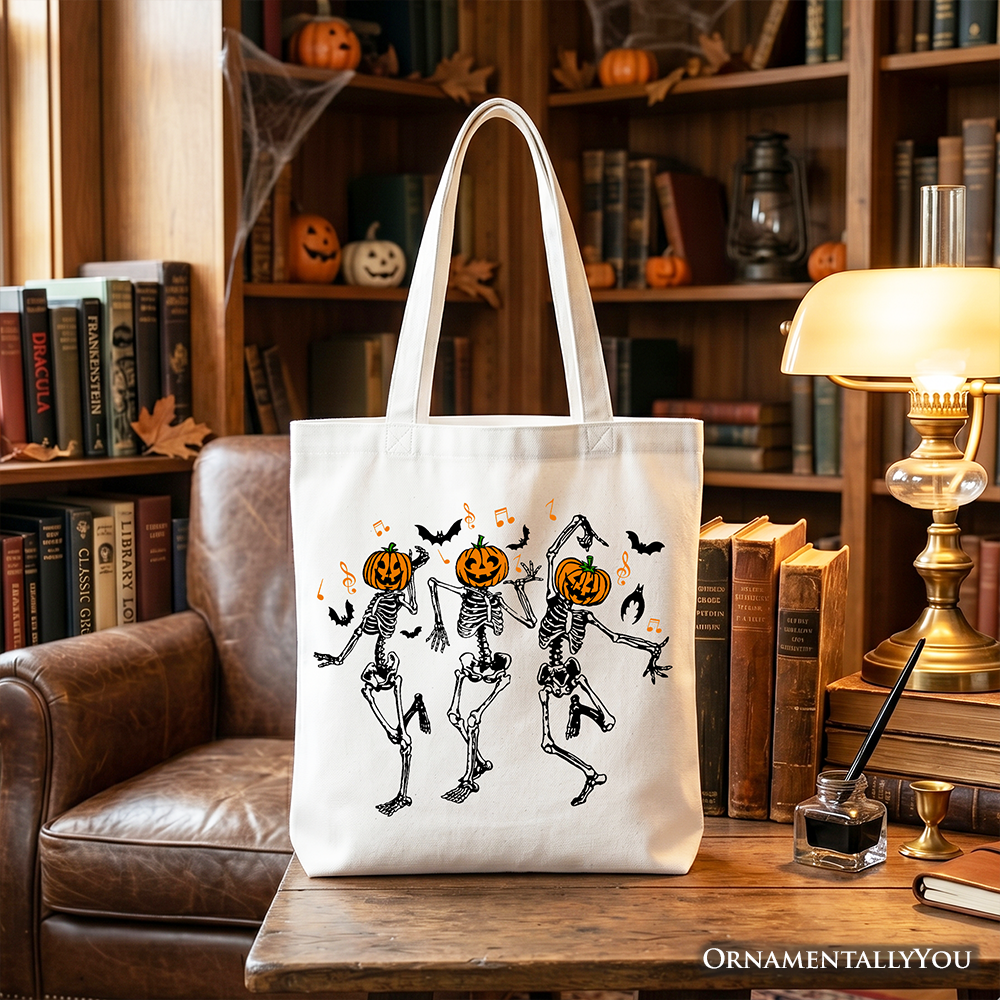 Dancing Skeletons Pumpkin Tote Bag, Halloween Graphic Shopper