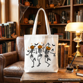 Dancing Skeletons Pumpkin Tote Bag, Halloween Graphic Shopper