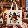 Deer Head Camo Hat Christmas Tote Bag, Imitation Latch Hook Yarn Cozy Hunting Season Gift Shopper