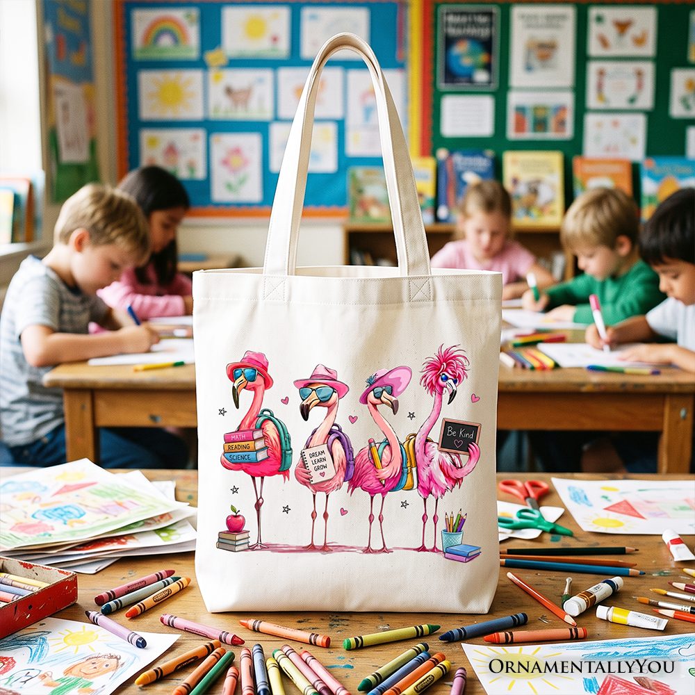 Flamingo Back to School Tote Bag, Cute Gift Shopper With Tropical Bird