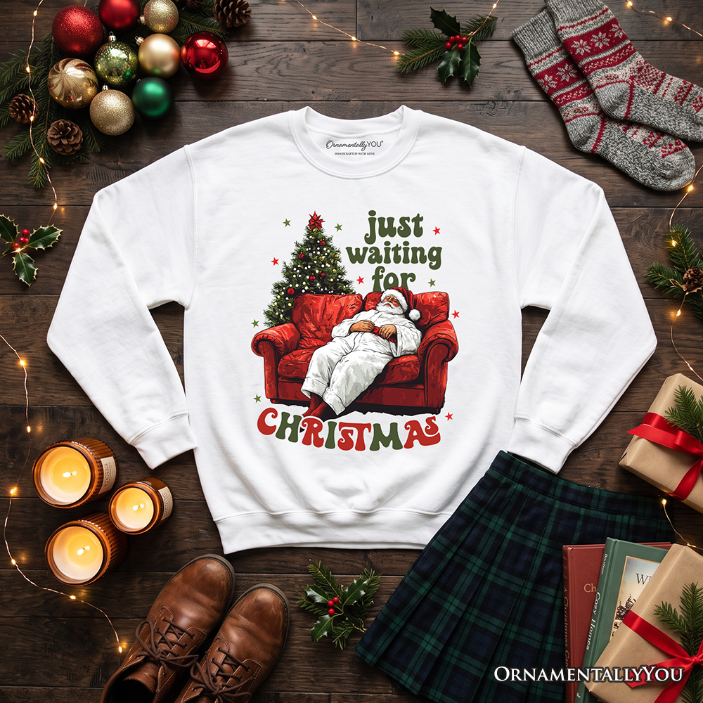 Funny Fat Santa Couch Sweatshirt, Just Waiting for Christmas Sweater for Lazy Holiday Season