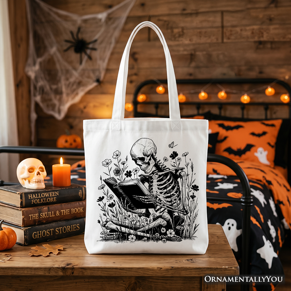 Gothic Reading Skeleton Tote Bag, Floral Halloween Book Lover Gift