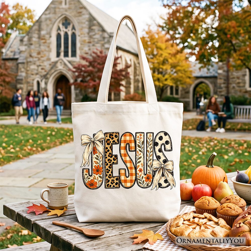 Jesus Coquette Fall Tote Bag, Leopard Plaid Floral Christian Faith Gift Shopper