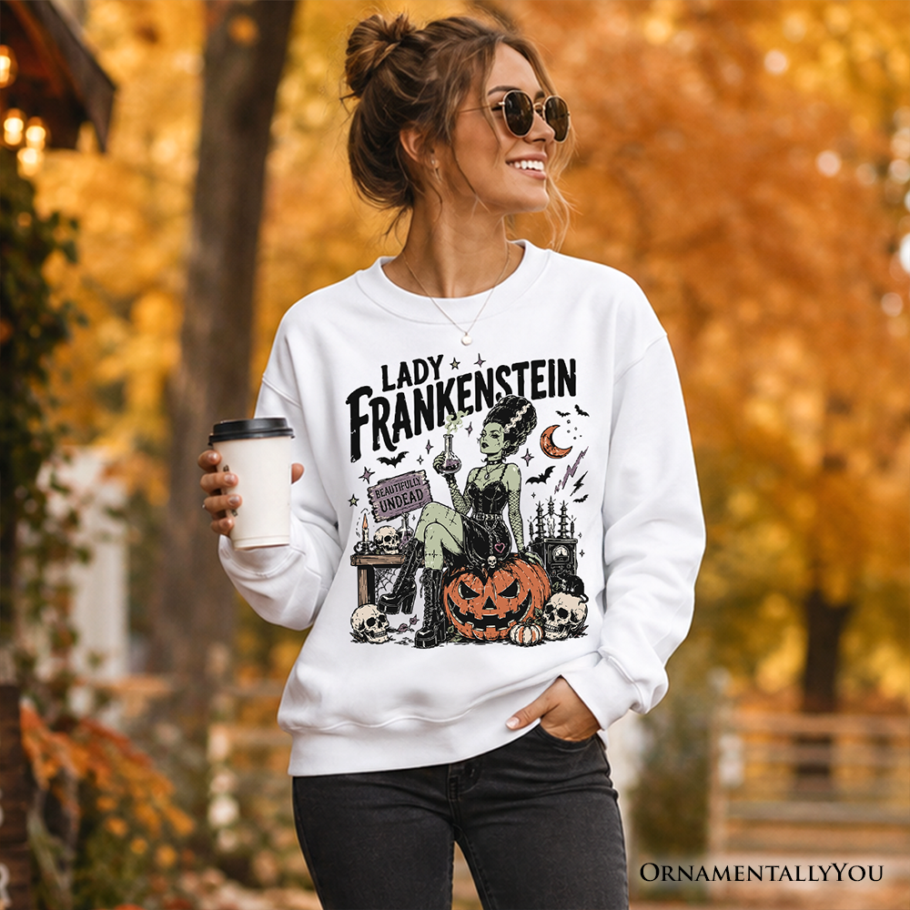 Lady Frankenstein Sweatshirt, Vintage Gothic Beautifully Undead Halloween Sweater