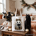 Leopard Bow Ghost with Black Cat Tote Bag, Spooky Halloween Spider Web Gift Shopper