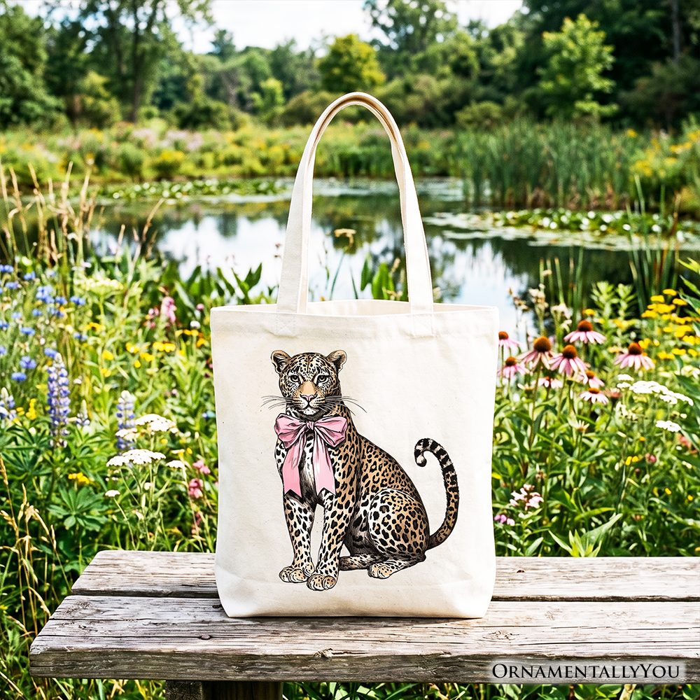 Leopard Print Coquette Bow Canvas Tote Bag for Women Preppy Shopper