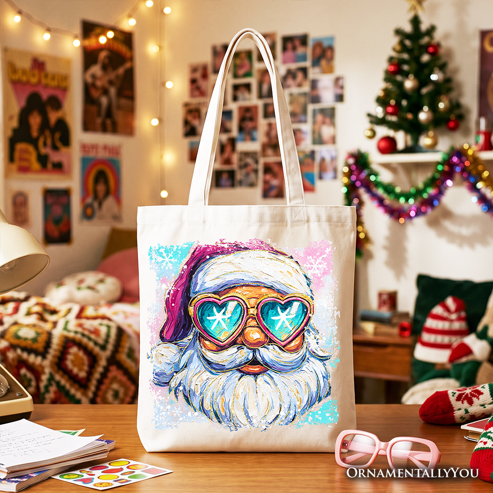 Merry Christmas Santa Sunglasses Christmas Tote Bag, Funky Retro Holiday Gift Shopper