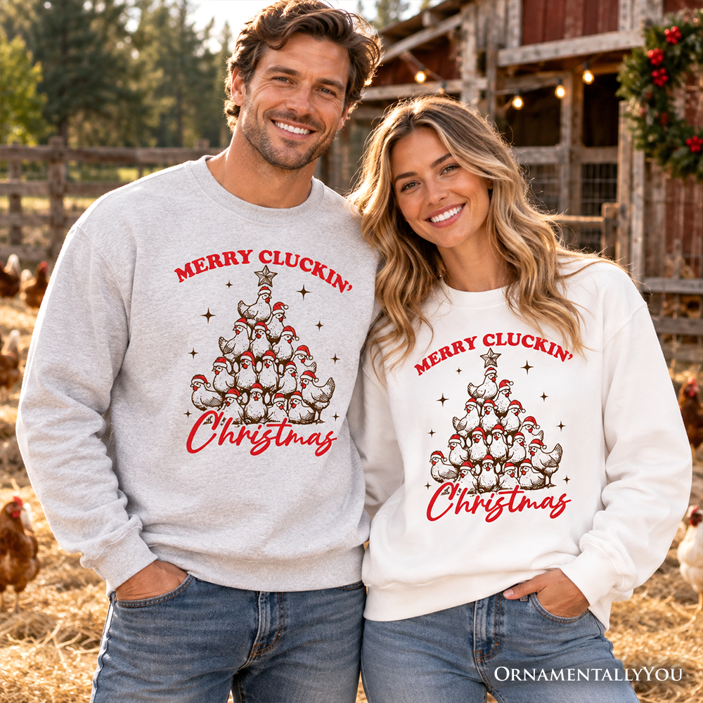 Merry Cluckin' Christmas Tree Sweatshirt, Funny Santa Hat Chicken Farmhouse Sweater
