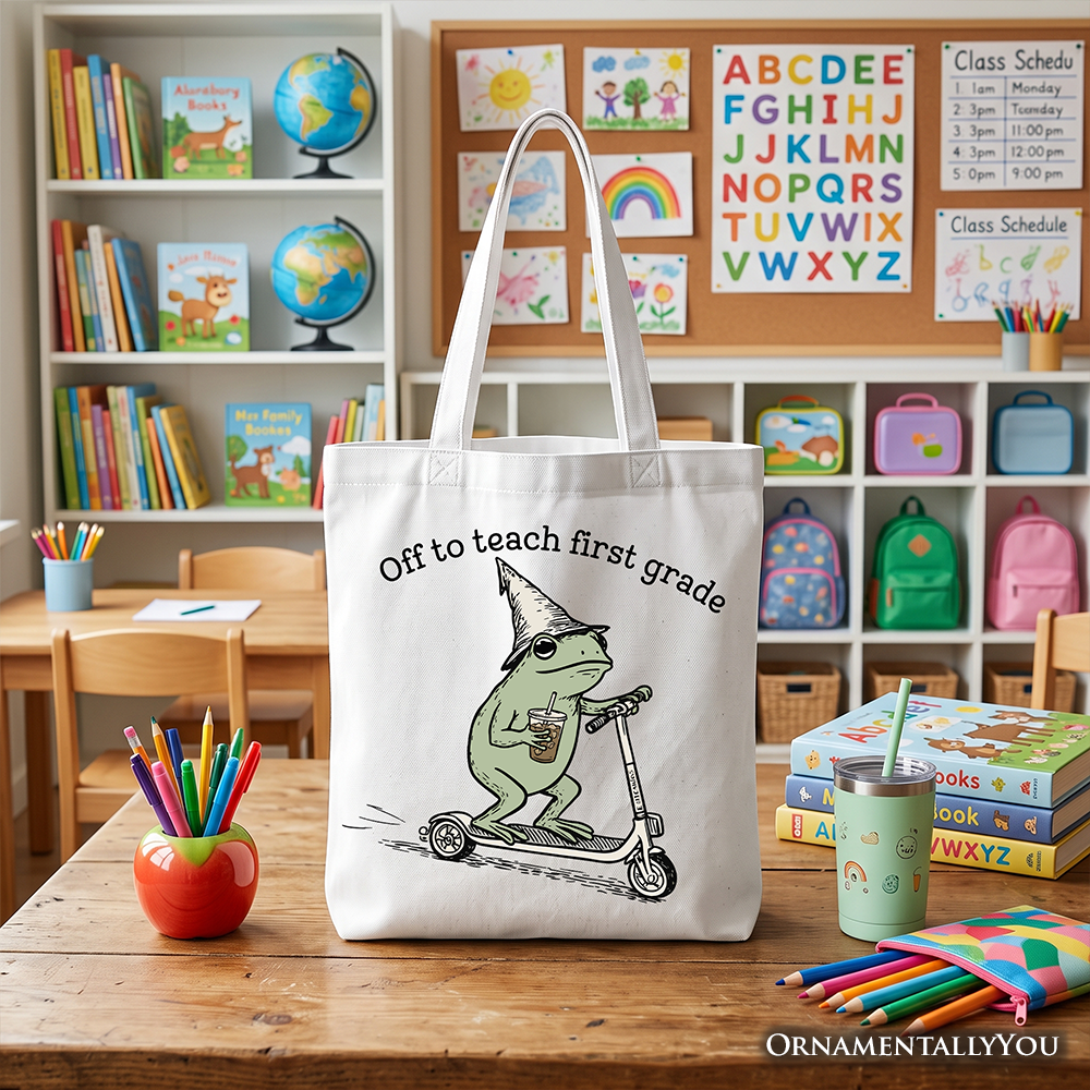 Off to Teach First Grade Frog Tote Bag, Funny Teachers Gift Shopper