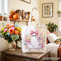 Pink Bow Bathtub Ghost Tote Bag, Floral Coquette Halloween Gift Shopper