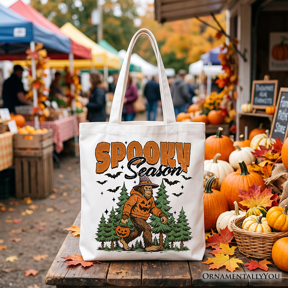 Spooky Season Bigfoot Tote Bag, Halloween Sasquatch Pumpkin Gift Shopper