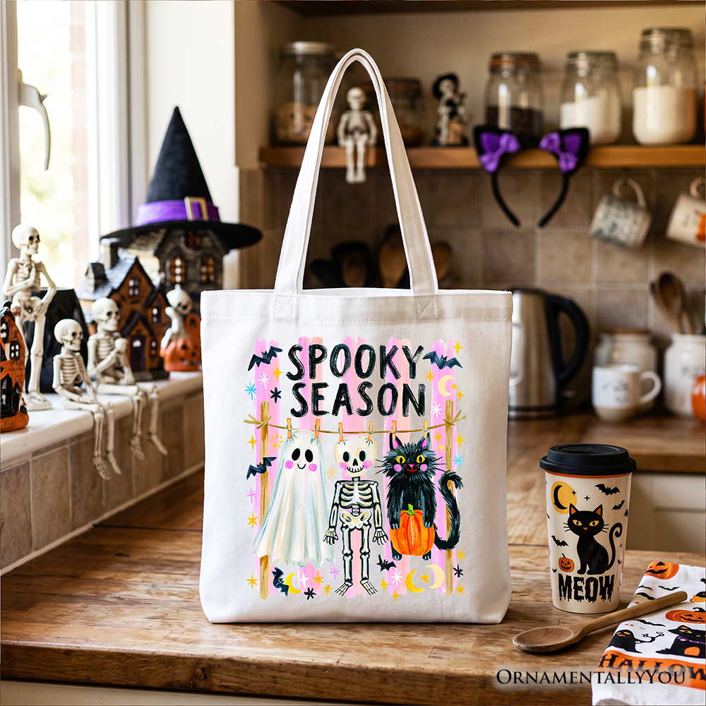 Spooky Season Ghost Skeleton Cat Tote Bag, Colorful Halloween Costume Gift Shopper