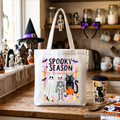 Spooky Season Ghost Skeleton Cat Tote Bag, Colorful Halloween Costume Gift Shopper