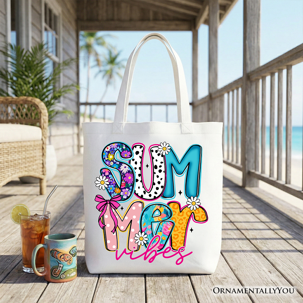 Retro Floral Summer Vibes Coastal Beach Canvas Tote Bag