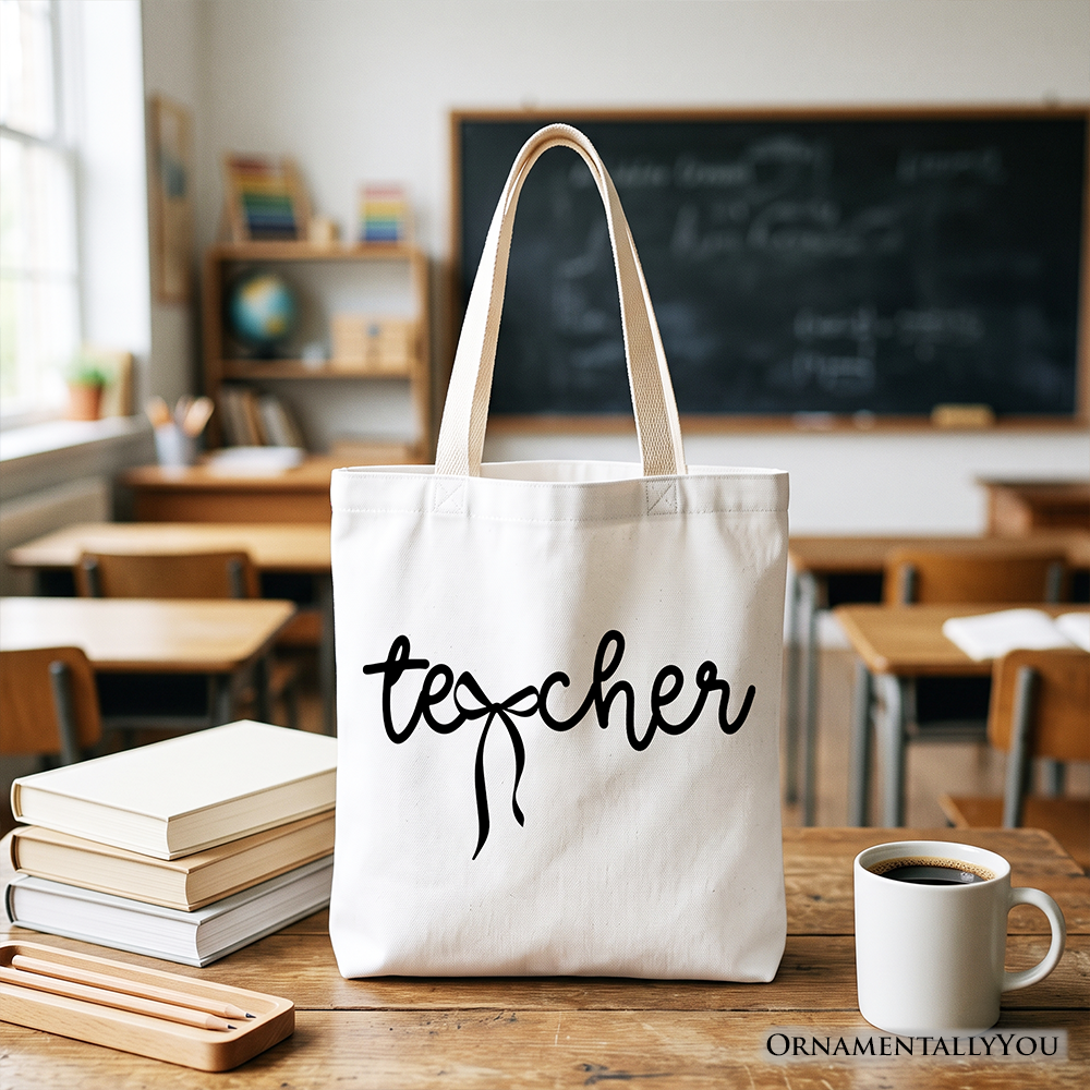 Teacher Coquette Bow Tote Bag, Minimalist Back to School Gift Shopper