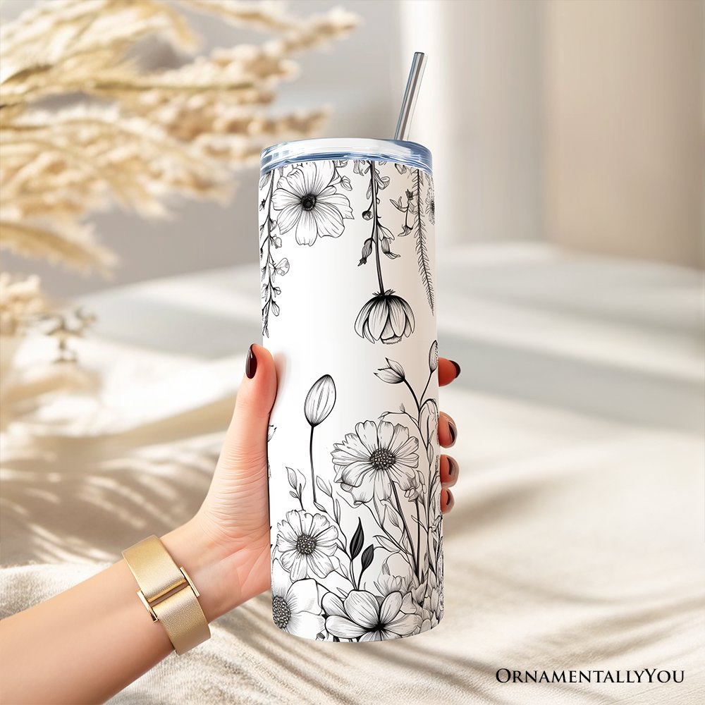 White and Black Wild Flowers 20oz Travel Mug with Lid and Straw