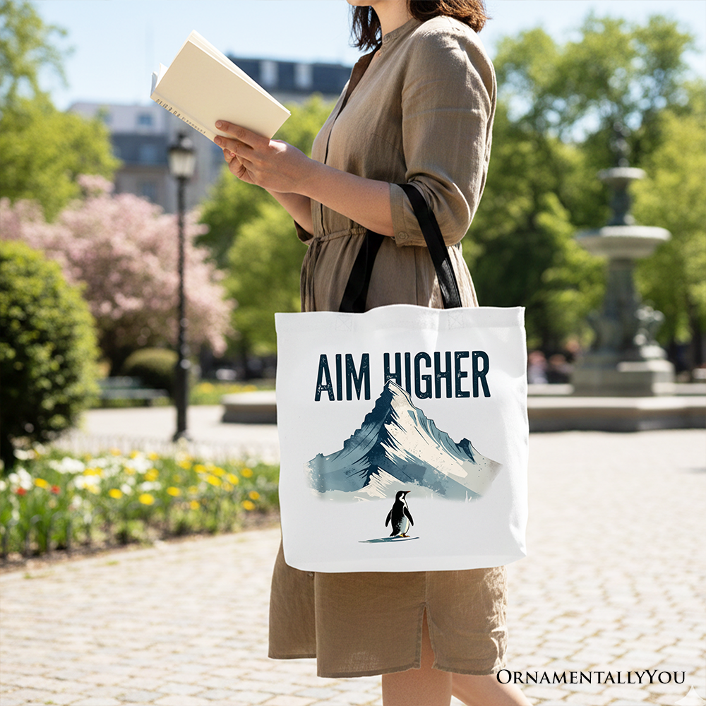 Aim Higher Penguin Tote Bag, Vintage Motivational Canvas Shopper