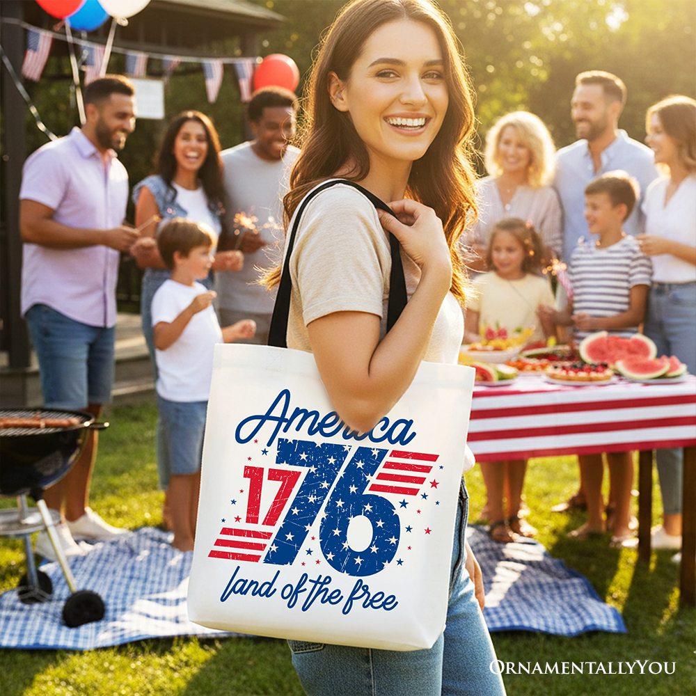 America 1776 Land of the Free Vintage Patriotic Cotton Tote Bag