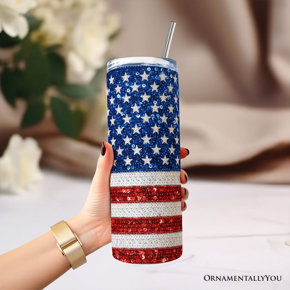 American Flag Sequin Print 20oz Personalized Patriotic Tumbler
