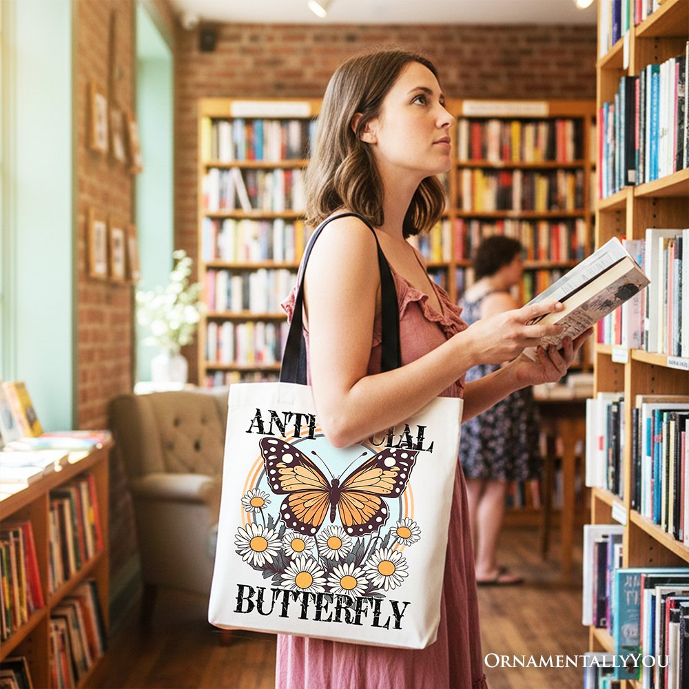 Anti Social Butterfly Canvas Tote Bag - Retro Quirky Gift Shopper