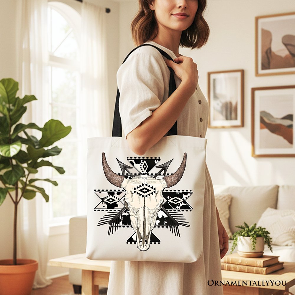 Aztec Tribal Bull Skull Canvas Tote Bag, Western Boho Shopper