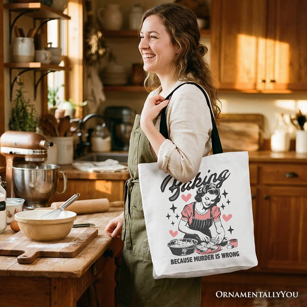 Baking Because Murder Is Wrong Funny Retro Cotton Tote Bag