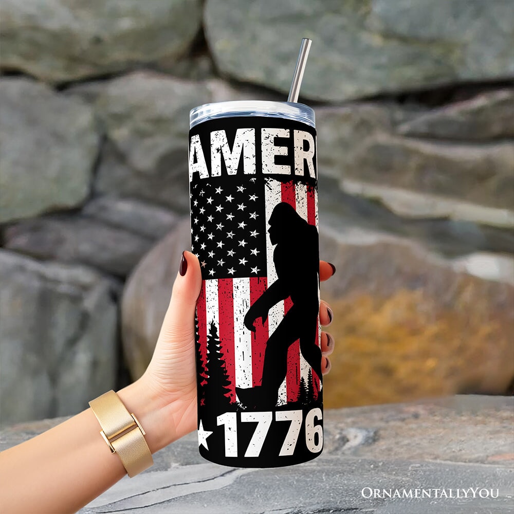 Patriotic Bigfoot 20oz Personalized Tumbler with Stainless Straw