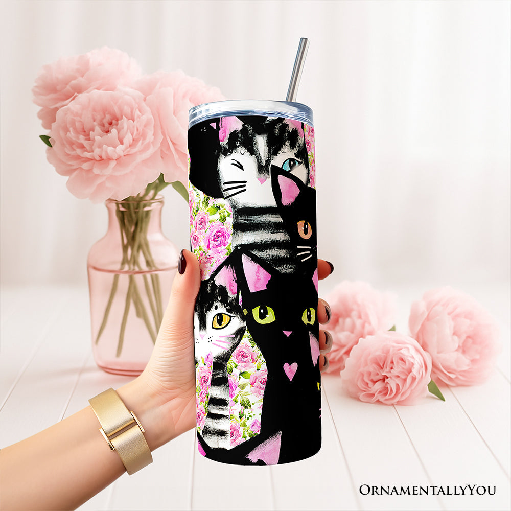 Black Cats and Pink Rose Floral 20oz Personalized Travel Tumbler
