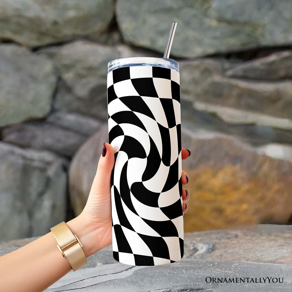 Black and White Checkerboard Swirl 20oz Travel Tumbler with Straw