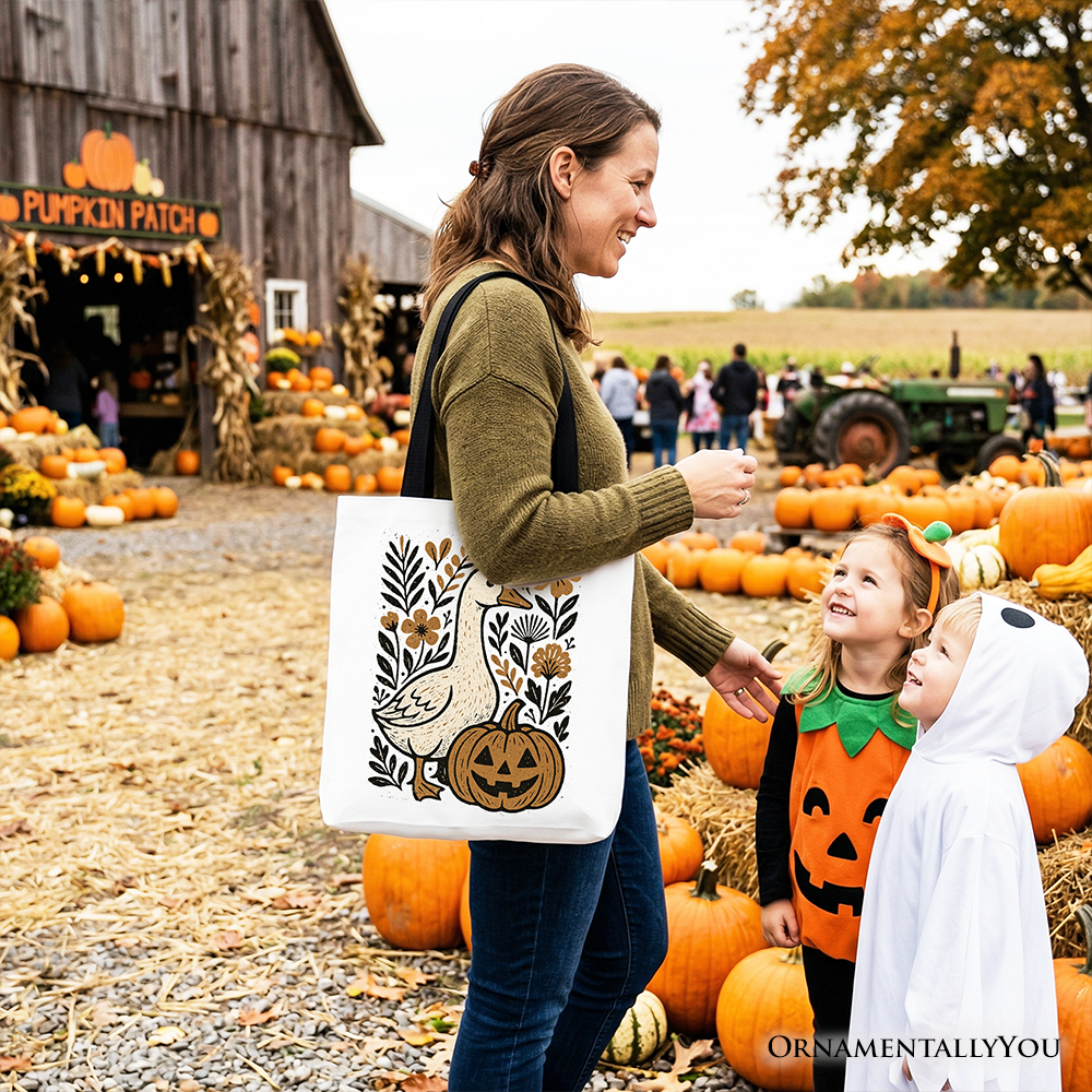 Boho Goose Halloween Pumpkin Tote Bag, Spooky Fall Floral Shopper