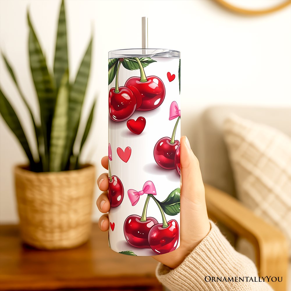 Cherry Bow Pattern 20oz Personalized Tumbler, Valentines Gift