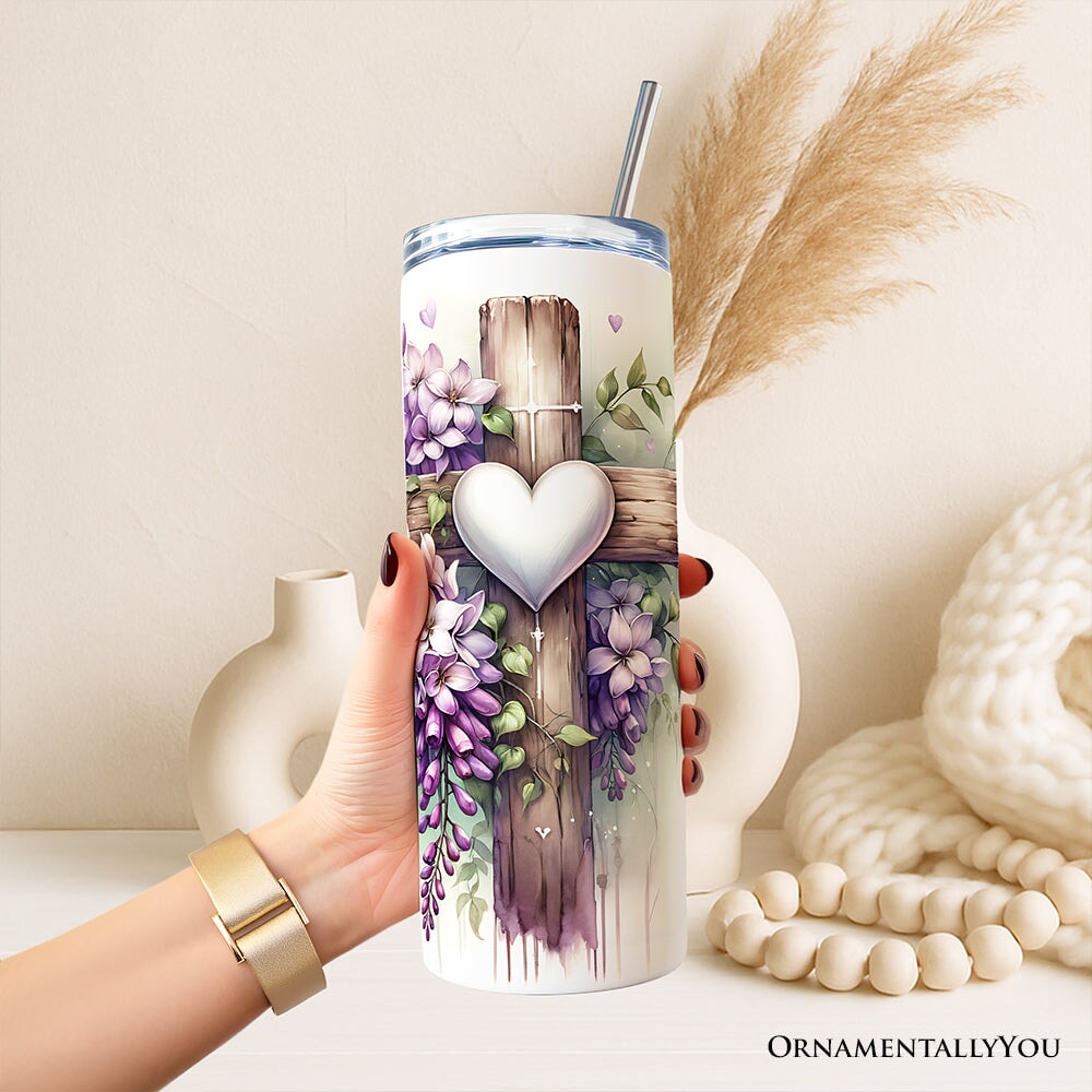Purple Wisteria Cross Personalized 20oz Tumbler, Blessed Gift