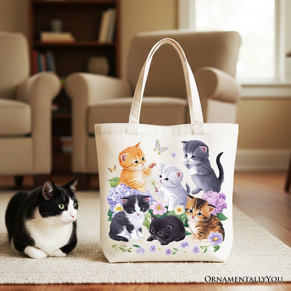 Cute Baby Cats Wildflower Tote Bag, Cottagecore Botanical Cat Gift Shopper